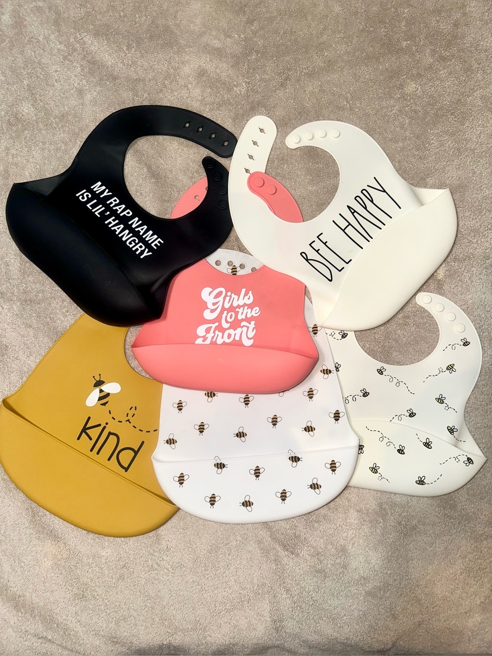 6 Rae Dunn Bella Tunno Silicone Baby Bib Lot Bee Happy Lil Hangry Mega Bundle